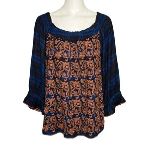 Sister Mary Plaid Embroidered Peasant Top Women's Size XL Blue Brown Bohemian